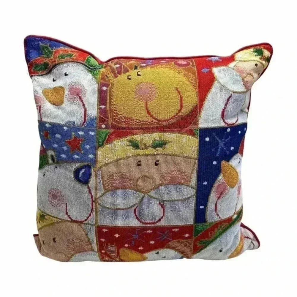 Christmas Santa Winter Snow Tapestry Square Throw Pillow Snowflakes Giraffe Bear